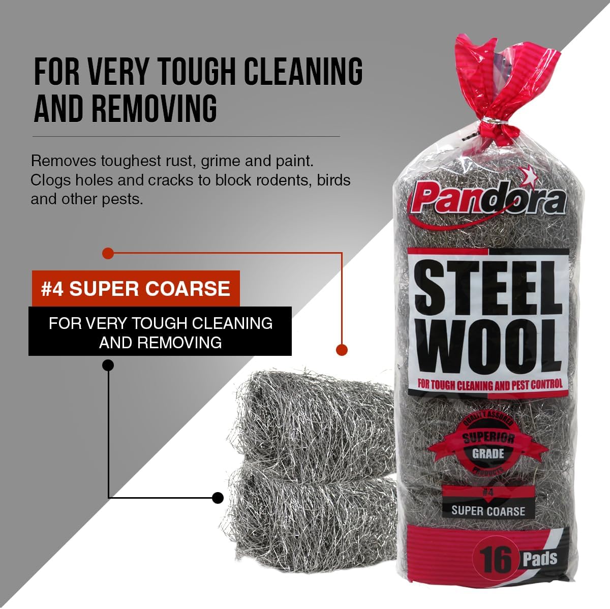 Pandora Steel Wool #2 – Coarse Grade, 16 Pads for Cleaning and Removing - Quality Metal Strands - Ideal to Remove Floor Scuff Marks and Old Wax