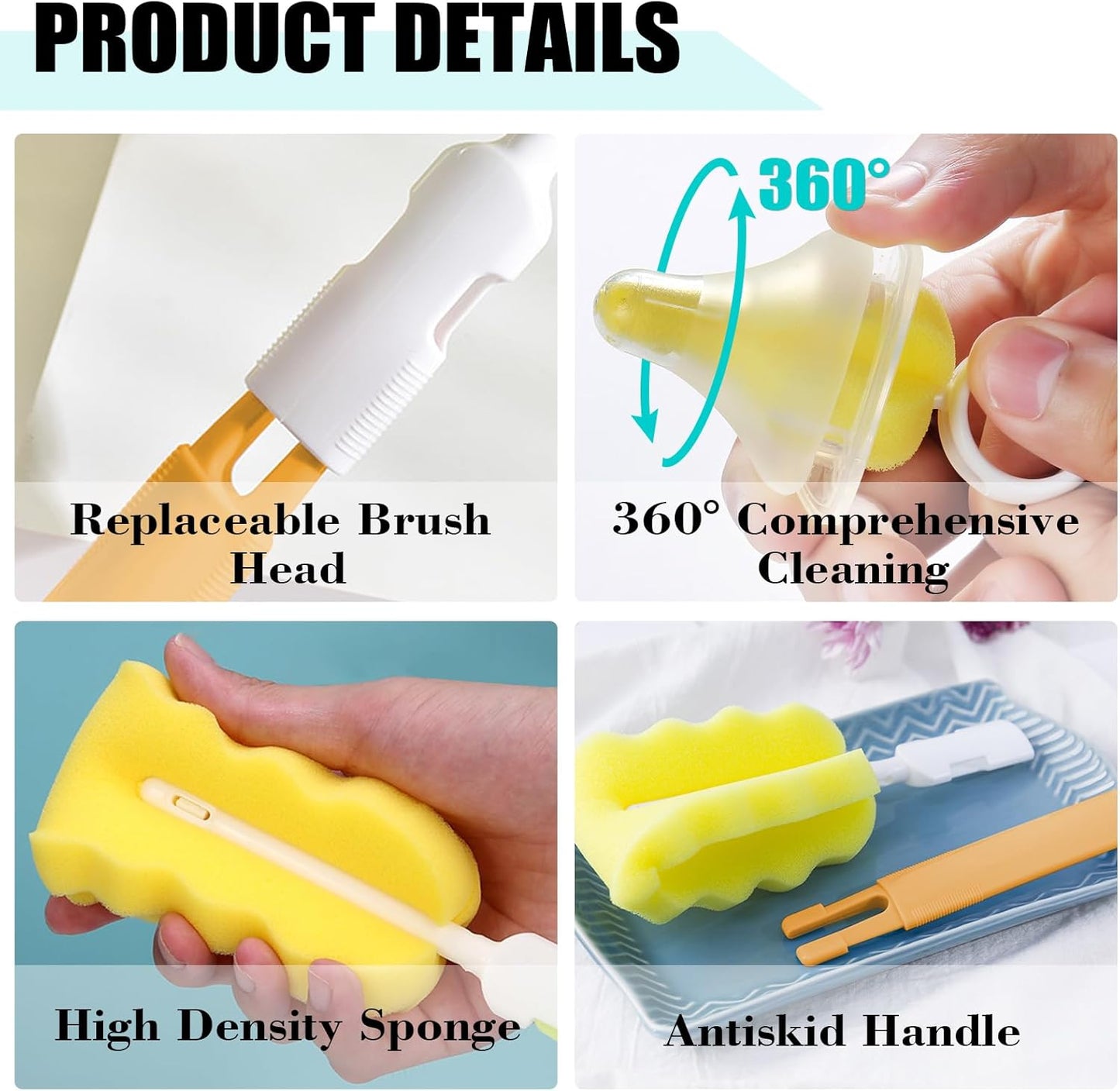 Baby Bottle Cleaning Brush 6-Piece Set Detachable Sponge Bottle Brush, Nylon Milk Bottle Brush, 2PCS Nipple Brush, 2PCS Straw Brush (Pink)