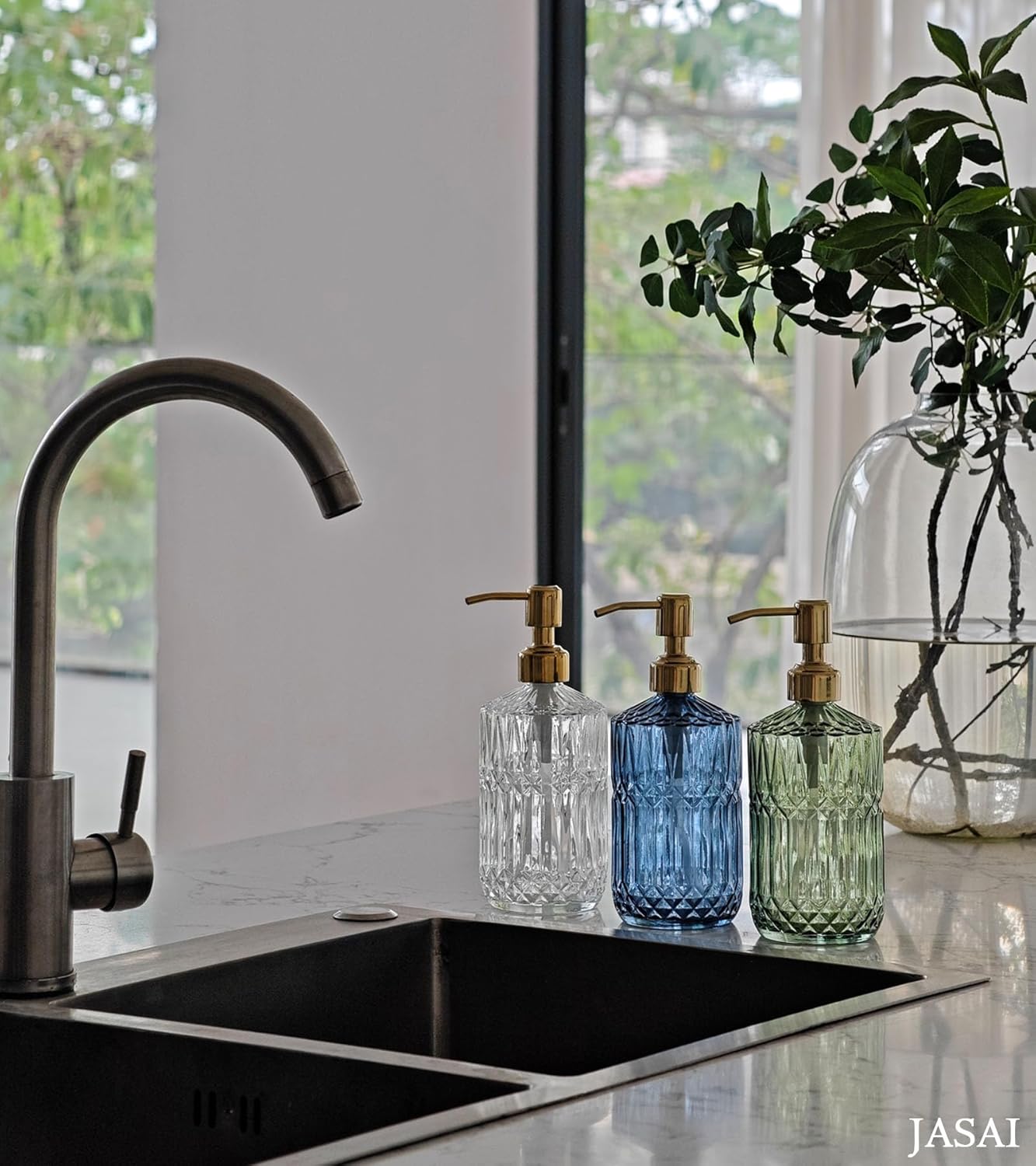 JASAI 2Pack 18Oz Green Glass Soap Dispenser with Gold Rust Proof Pump, Refillable Dish Soap Dispenser for Kitchen, Bathroom Soap Dispenser for Hand soap, Lotion, Body Wash, Dish Soap.