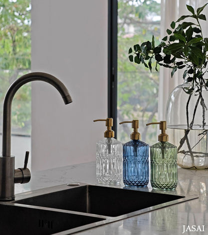 JASAI 2Pack 18Oz Green Glass Soap Dispenser with Gold Rust Proof Pump, Refillable Dish Soap Dispenser for Kitchen, Bathroom Soap Dispenser for Hand soap, Lotion, Body Wash, Dish Soap.