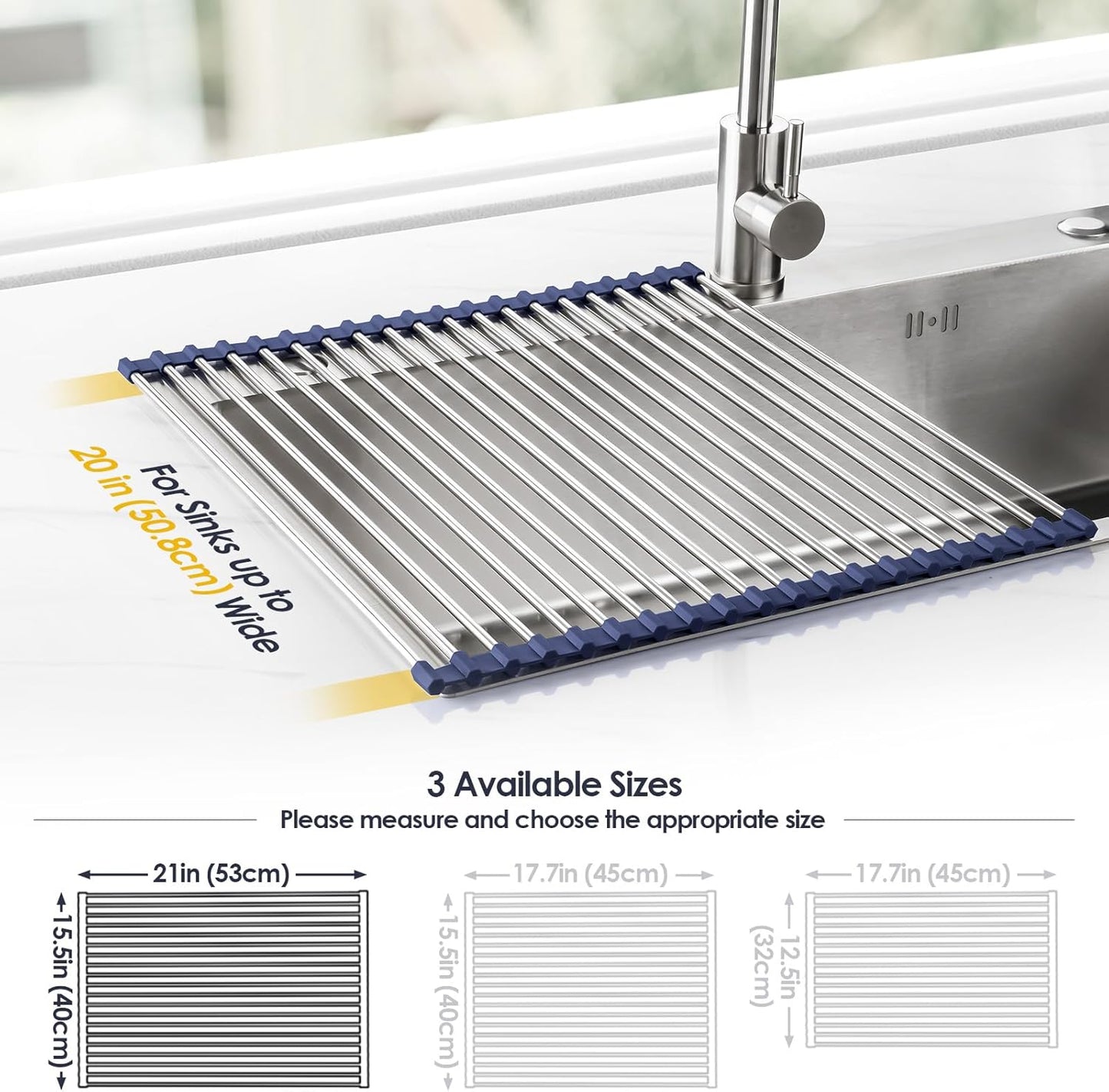 Tomorotec 17.7" x 15.5" Roll Up Dish Drying Rack Over Sink Drying Rack Sink Cover Kitchen Sink Accessories Gadget Multipurpose Organizer Foldable Stainless Steel Drainer (Grey)