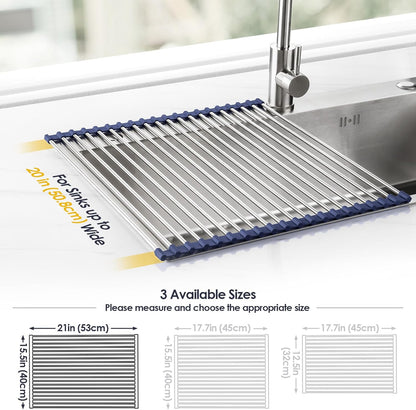 Tomorotec 17.7" x 15.5" Roll Up Dish Drying Rack Over Sink Drying Rack Sink Cover Kitchen Sink Accessories Gadget Multipurpose Organizer Foldable Stainless Steel Drainer (Grey)