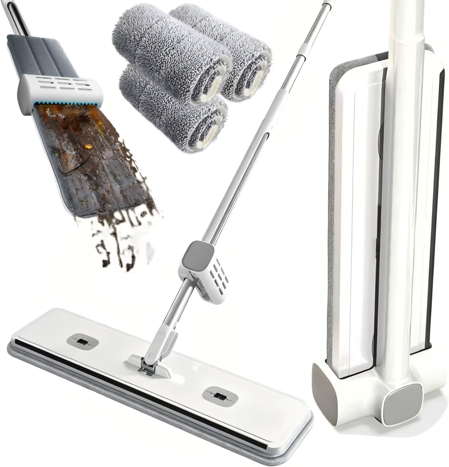 Hands Free Microfiber Mop with 4 Washable Pads, 61" Stainless Steel Handle, Efficient Flat Mop for All Hard Floors