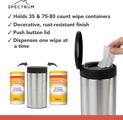 Spectrum Disinfecting Wipes Container Large Satin Nickel Refillable Stainless Steel Wipe Holder for Bathroom Kitchen Classroom, Reuseable Push Button Wet Wipe Dispenser for Cleaning Countertop