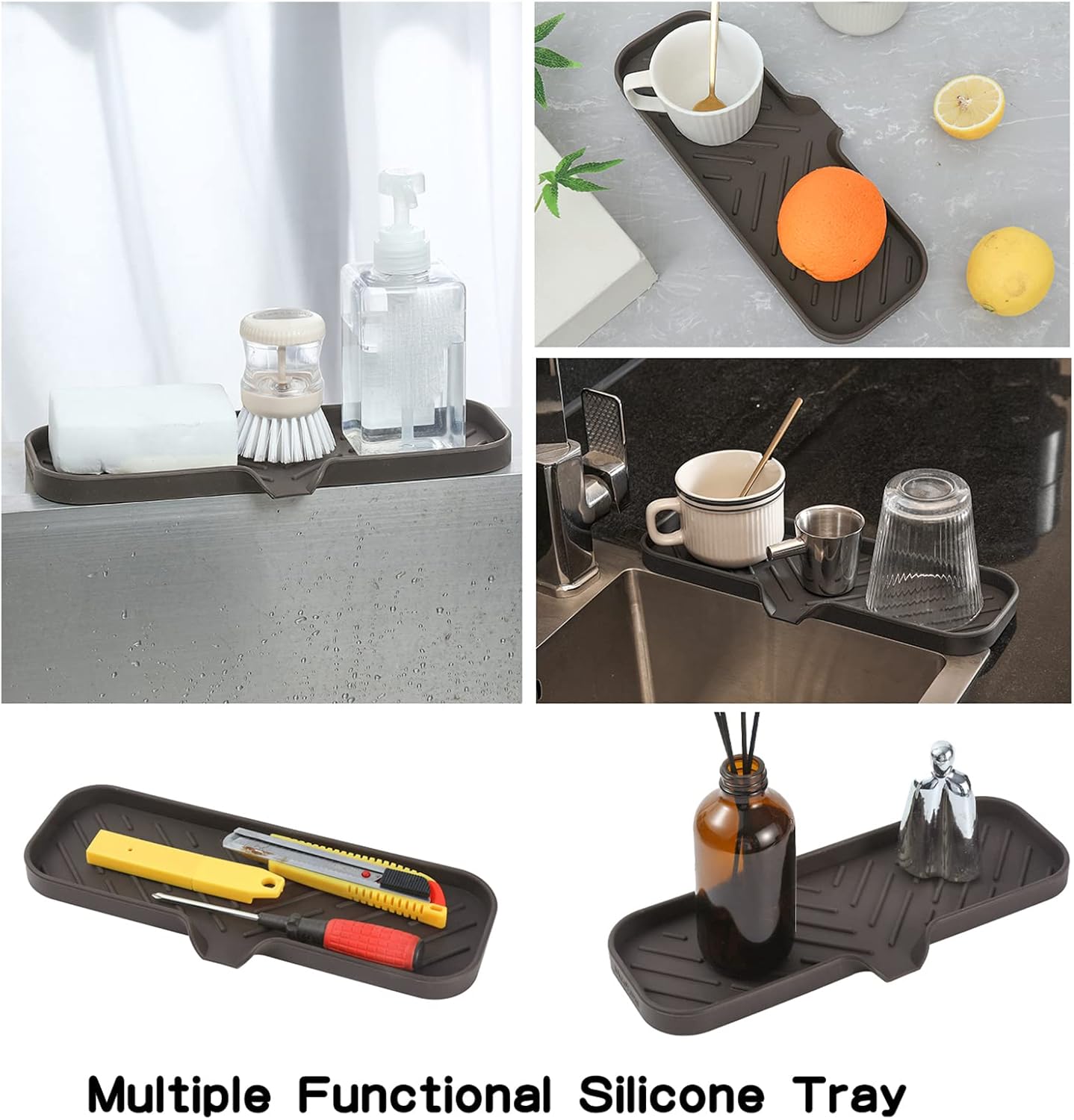 MicoYang Silicone Bathroom Soap Dishes with Drain Spout-Bathroom and Kitchen Sink Organizer,Sponge Holder,Dish Soap Tray,Perfect for Dispenser,Scrubber,Bottle,Cup on Sink or Counter-Black 4.9"×3.2"