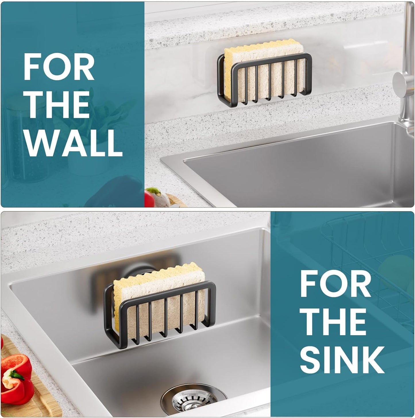 TAILI 4-in-1 Sink Caddy with Strong Suction Cup, Sponge Holder for Kitchen Sink Organizer, Removable, Rustproof, Stainless Steel Holder for Sponge, Brush, Scrubber, Scraper - Silver