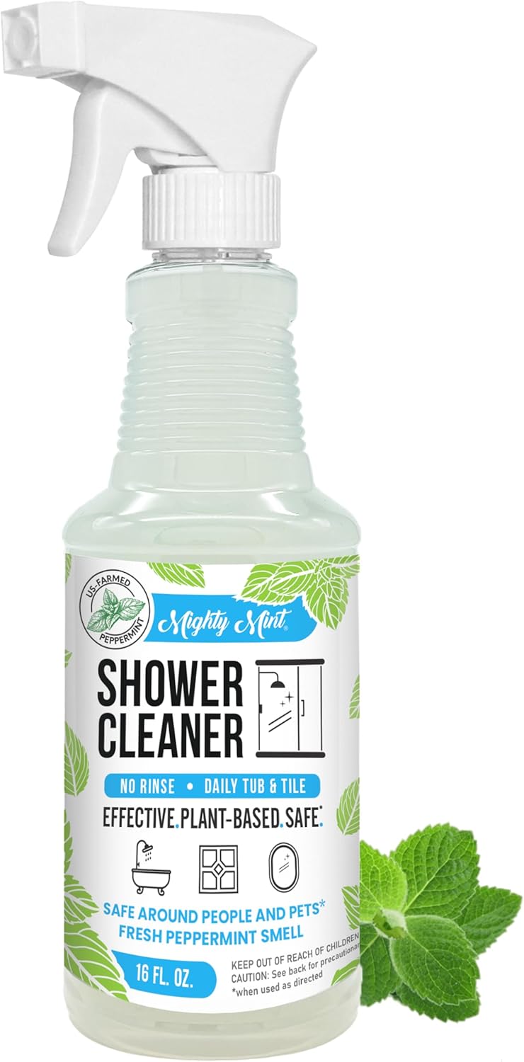 Mighty Mint Daily Shower Cleaner Spray – No Rinse, No Scrub Solution for Glass, Tile & Grout – Plant Based Formula with Peppermint Scent - 16 oz.