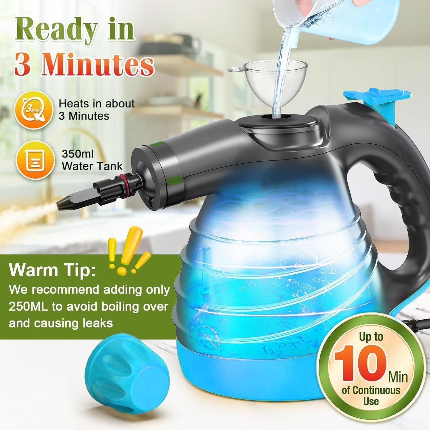 Handheld Steam Cleaner - 275°F High-Temp Fast Heating Multi-Surface Steamer for Cleaning, 100% Chemical-Free Pet Safe Portable Steam Cleaner for Home/Bath/Window/Car Detailing/Couch/Grout(Blue)