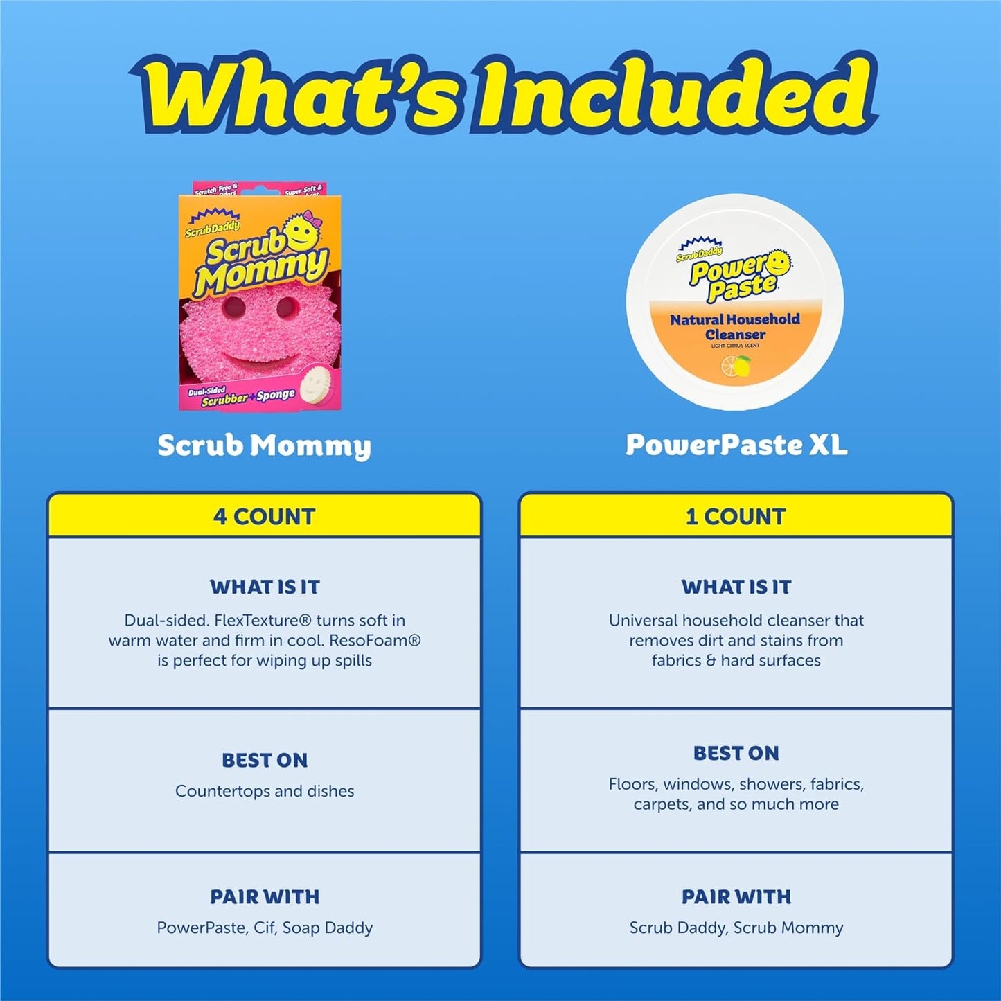 Scrub Daddy Sponges & PowerPaste XL Value Pack - 4 Scrub Daddy Multipurpose Dish Sponges & PowerPaste XL All-Purpose Cleaning Paste - Scratch-Free, Multi-Surface Household Cleaning Supplies Kit (5ct)