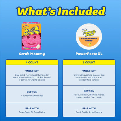 Scrub Daddy Sponges & PowerPaste XL Value Pack - 4 Scrub Daddy Multipurpose Dish Sponges & PowerPaste XL All-Purpose Cleaning Paste - Scratch-Free, Multi-Surface Household Cleaning Supplies Kit (5ct)