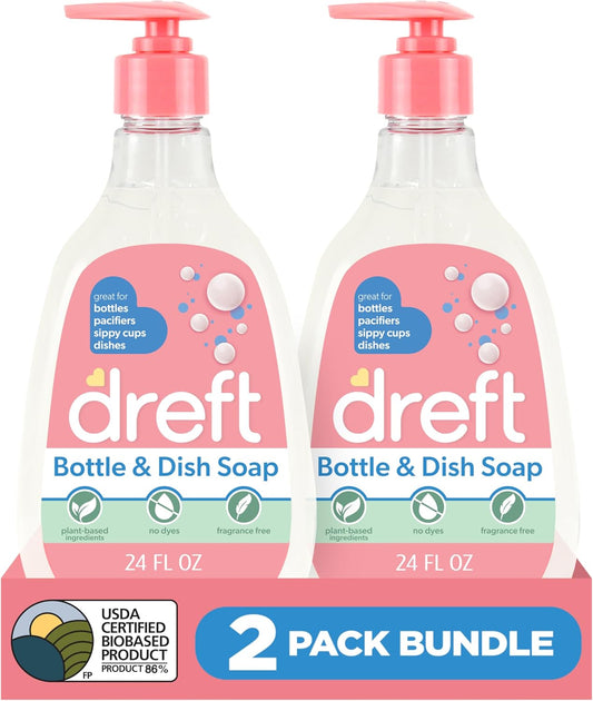 Dreft Baby, Bottle and Dish Soap, Removes Milk Film & Odor, Plant Based, Fragrance Free, Travel Size Bottles, 24 Fl Oz (Pack of 2)