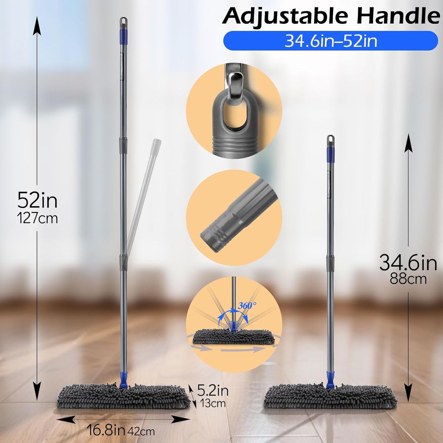 MASTERTOP Microfiber Mop - Flat Floor Mops Wet Dry Dust Mop with 4 Washable Pads & 52.4'' Stainless Steel Handle for Hardwood Laminate Tile Floor Cleaning