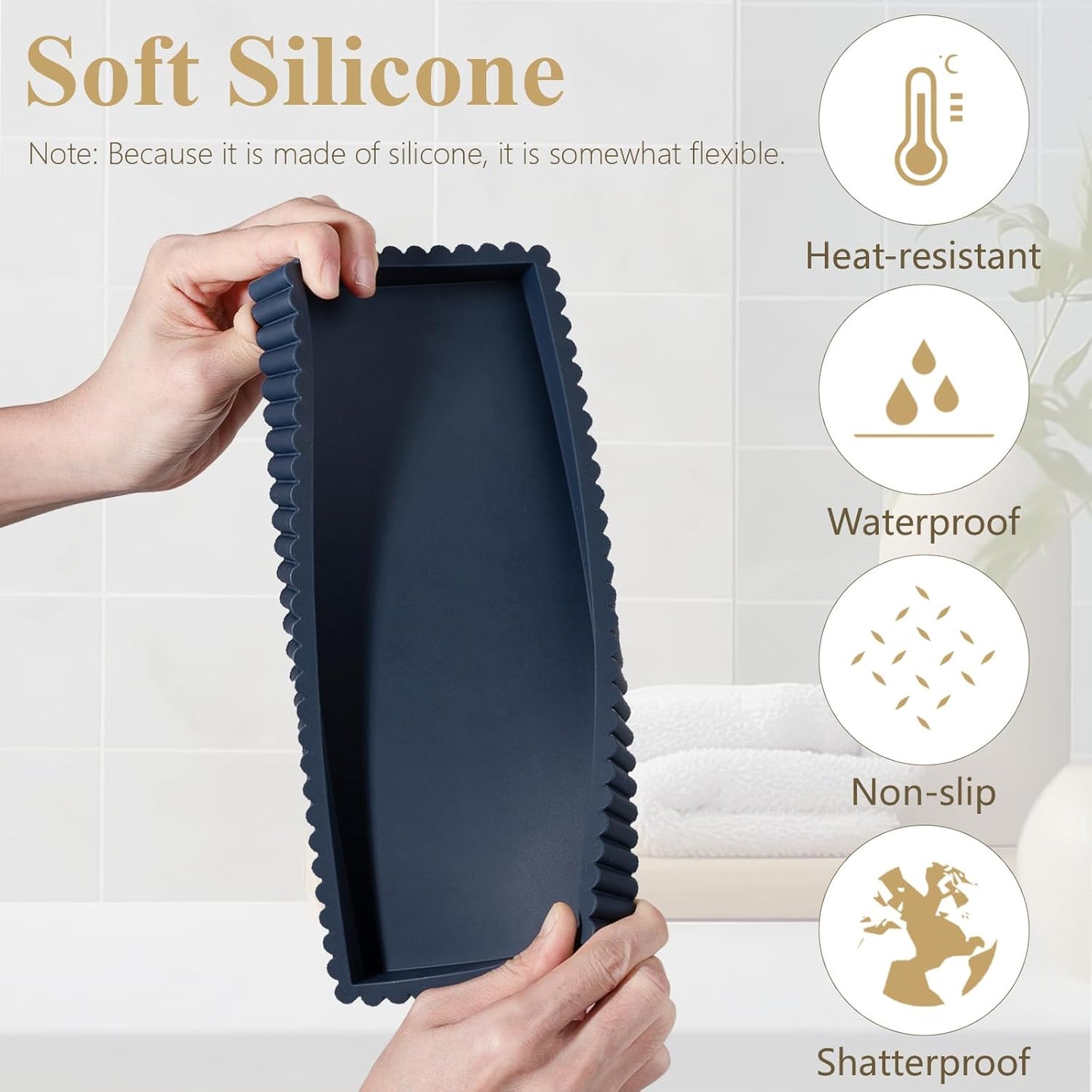 Silicone Bathroom Tray Small Vanity Organizer Rectangle Sink Caddy Sponge Holder Kitchen Counter Decor for Dish Soap, Perfume, Candle, Beige