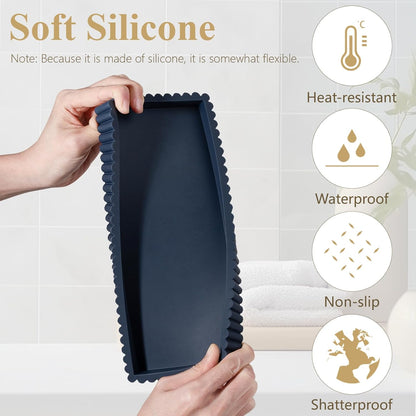 Silicone Bathroom Tray Small Vanity Organizer Rectangle Sink Caddy Sponge Holder Kitchen Counter Decor for Dish Soap, Perfume, Candle, Beige