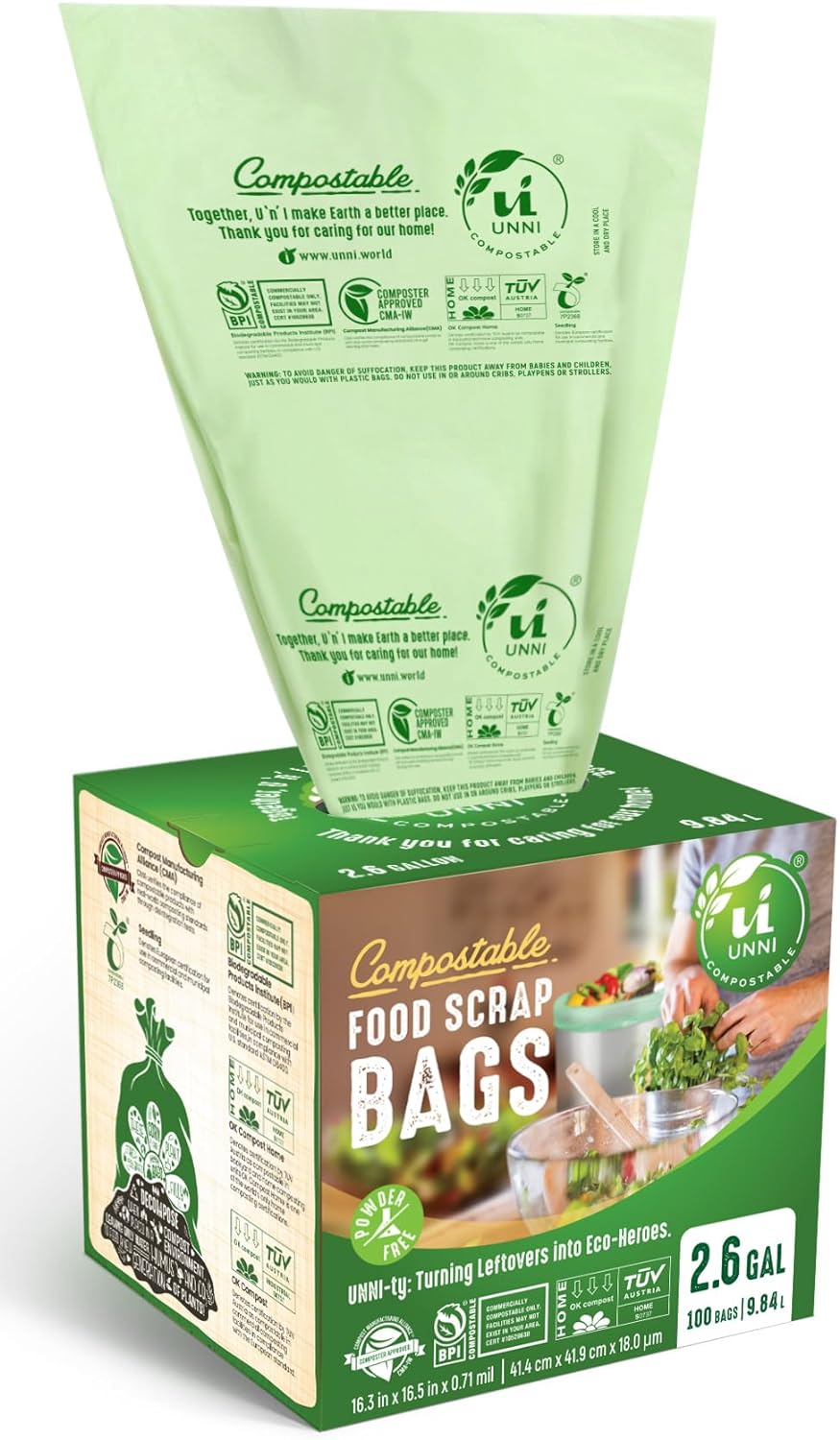 UNNI Compostable Trash Bags, 13 Gallon / 49.2 Liter, 50 Count, Extra Thick 0.9 Mil Tall Kitchen Food Scrap Bin Liners, Certified by BPI, CMA & OK compost HOME, Meets the ASTM D6400 Standard