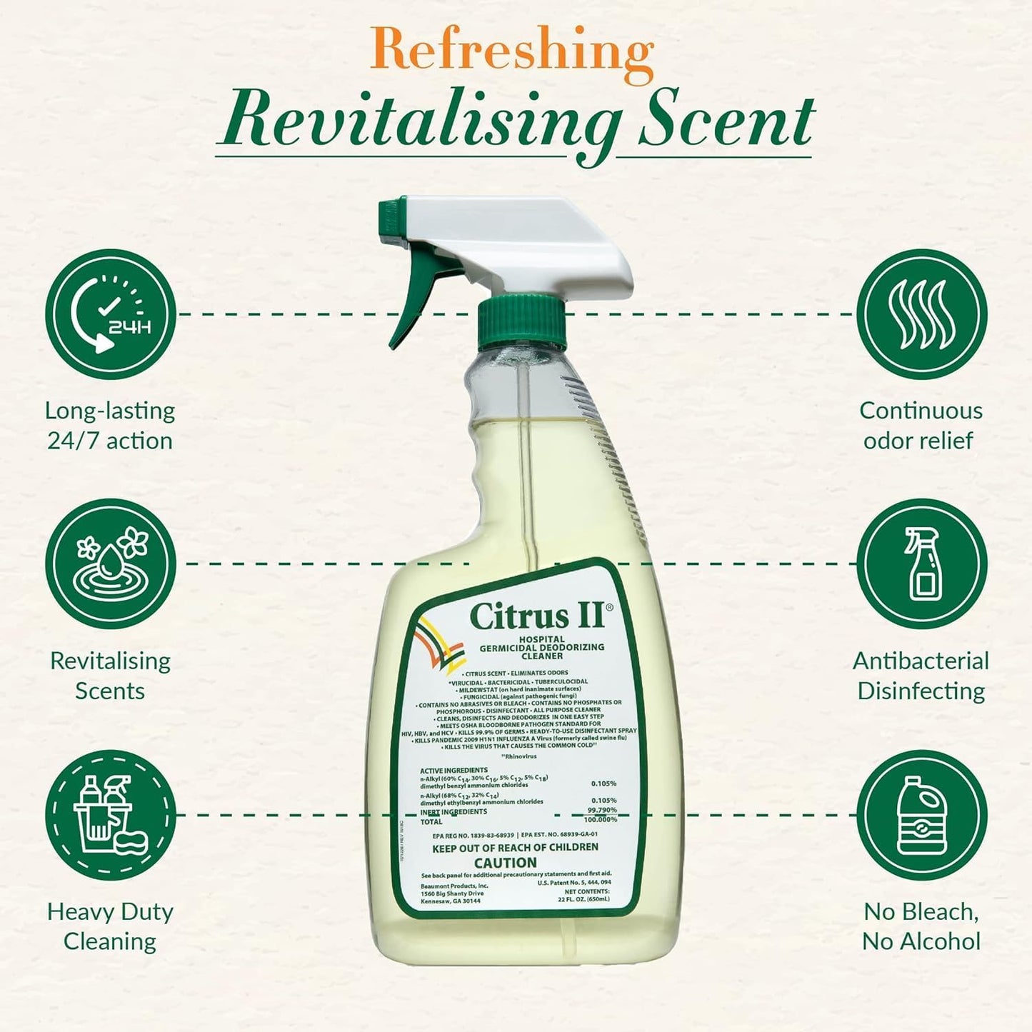 Citrus II Hospital Germicidal Deodorizing Cleaner - Fresh Citrus Scent - Disinfecting Spray- for Home, Hospital and Office Surfaces and Supplies - 22 Fl Oz - Pack of 2