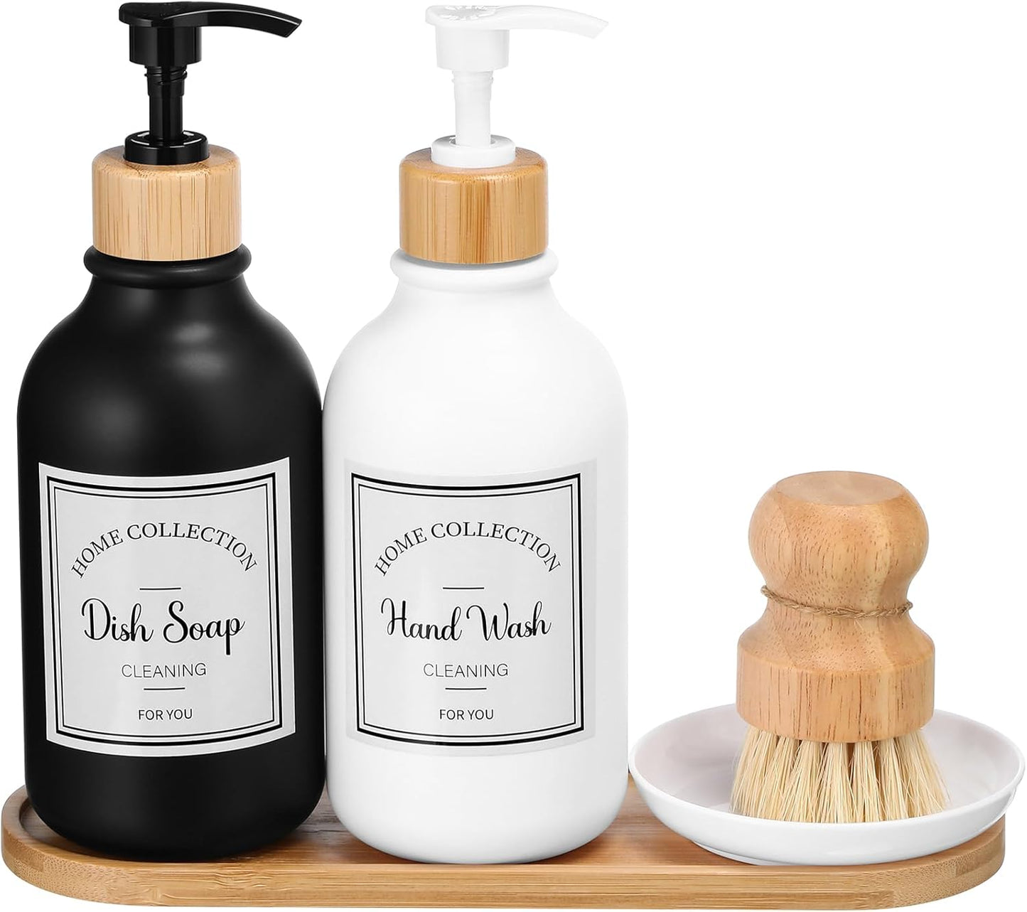 Zopeal 4 Pcs 16 oz Kitchen Soap Dispenser Set with Bamboo Tray and Dish Brush Plastic Soap Dispenser Set with Waterproof Labels for Hand Dish Lotion(Frosted Black)