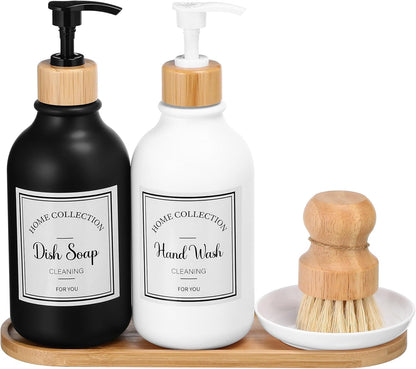 Zopeal 4 Pcs 16 oz Kitchen Soap Dispenser Set with Bamboo Tray and Dish Brush Plastic Soap Dispenser Set with Waterproof Labels for Hand Dish Lotion(Frosted Black)