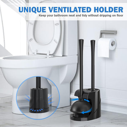 Toilet Plunger and Brush, Bowl Brush and Heavy Duty Toilet Plunger Set with Ventilated Holder, 2-in-1 Bathroom Cleaning Combo with Modern Caddy Stand for 5.7-inch Toilet Drain(Black, 2 Set)