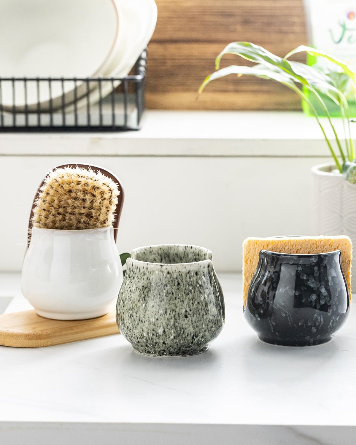 Zoeeker Sponge Holder for Kitchen Sink, Ceramic Dish Sponge Dish Rack Scrubby Caddy Kitchen Organizer Cute Sink Caddy Organizer, Farmhouse Decor, Speckled Glaze
