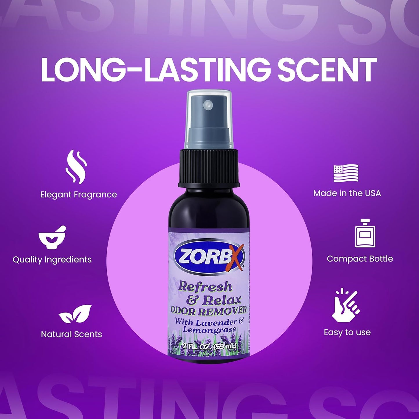 ZORBX Refresh & Relax Odor Remover Spray with Lavender & Lemongrass 8 Oz (Pack of 2) – Permanent Solution Room Freshener & Air Freshener Spray for Home, Bathroom, Furniture, Carpet, Car, Gym & Laundry