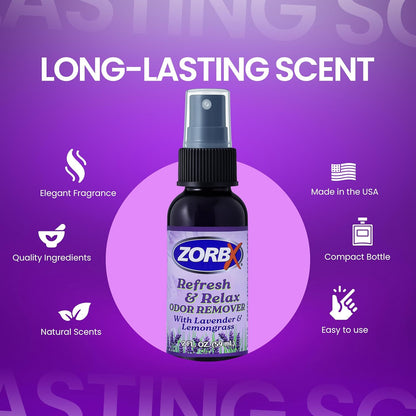 ZORBX Refresh & Relax Odor Remover Spray with Lavender & Lemongrass 8 Oz (Pack of 2) – Permanent Solution Room Freshener & Air Freshener Spray for Home, Bathroom, Furniture, Carpet, Car, Gym & Laundry