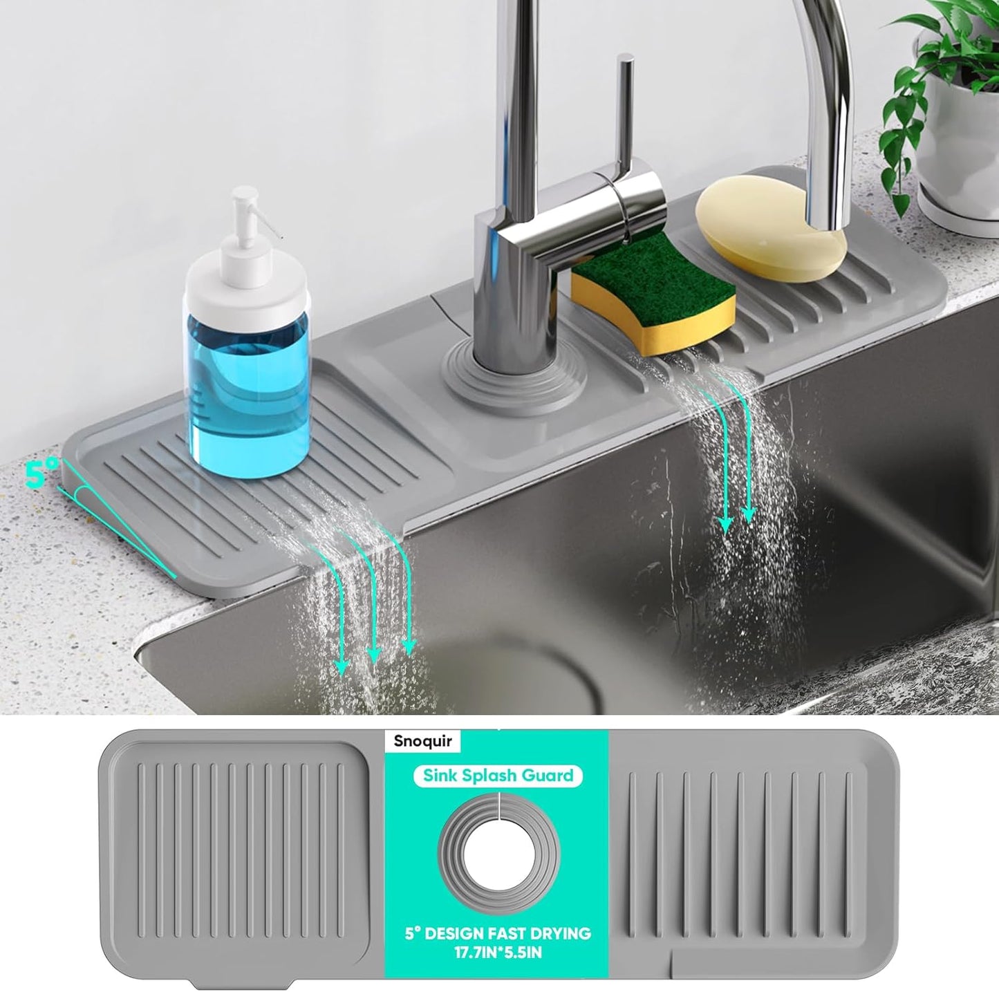 24 Inch Longer Faucet Mat for Kitchen Sink, 5° Slope Fast Self-draining, Kitchen Sink Splash Guard Silicone Sink Faucet Mat Splash Guard Kitchen Sink Area Tidy Splash Faucet Guard Draining Mat