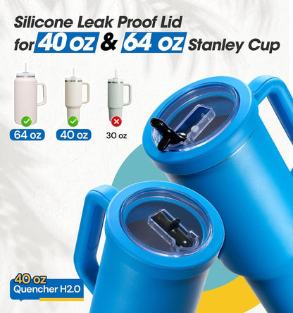 40 Oz Tumbler Flip Straw Lid Compatible with Stanley Quencher Cup, Anti Spill Replacement Cup Covers, Durable Silicone Leak Proof Lids with Cleaning Brush Set for Travel Storage