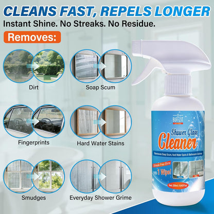 Shower Glass Cleaner, Hard Water Stain & Soap Scum Remover for Glass, Windows and Mirrors, Streak-Free Bathroom Glass Cleaner with Cleaning Towel, 8.45 fl oz / 250ml