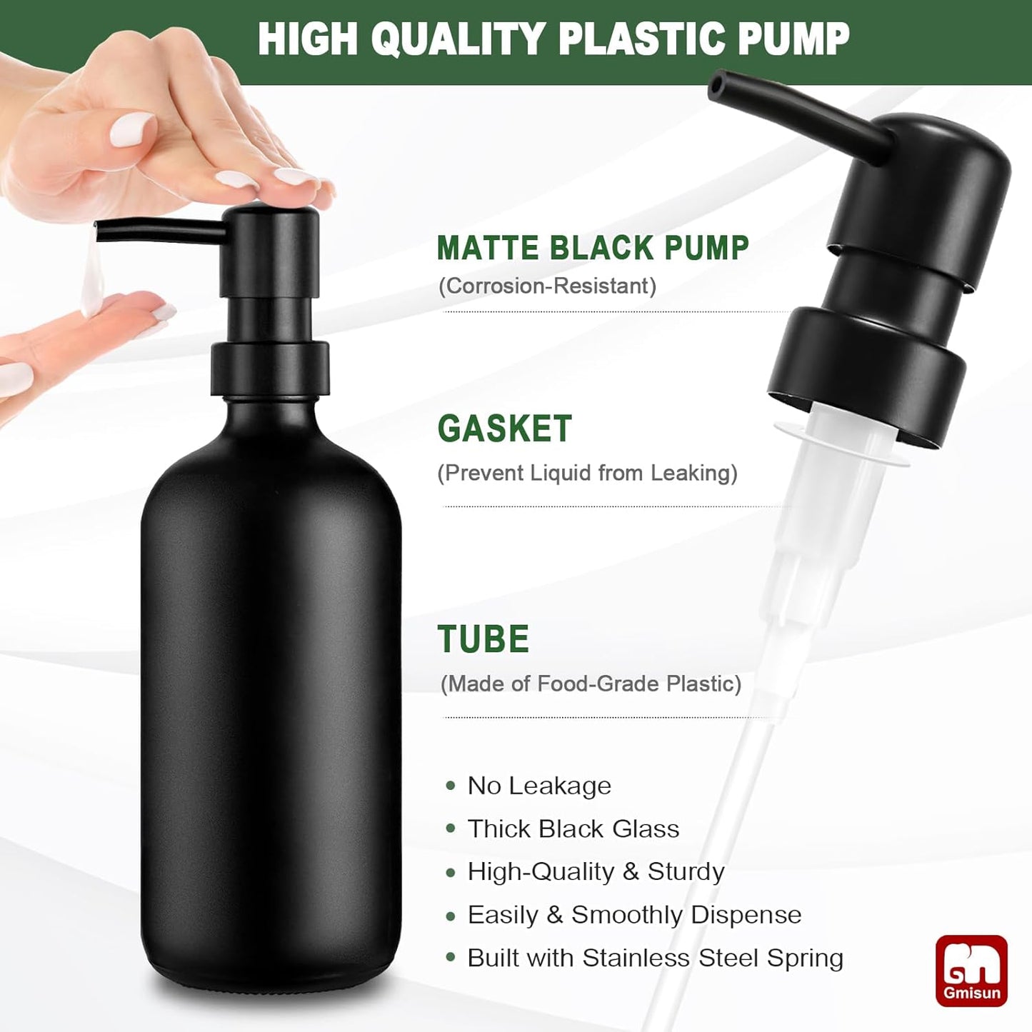 GMISUN Kitchen Soap Dispenser Set, 16 Oz Hand and Dish Soap Dispenser with Ceramic Tray & Bamboo Dish Brush, 2 Pack White Glass Liquid Pump Bottle, Modern Farmhouse Refillable Dish Soap Bottle