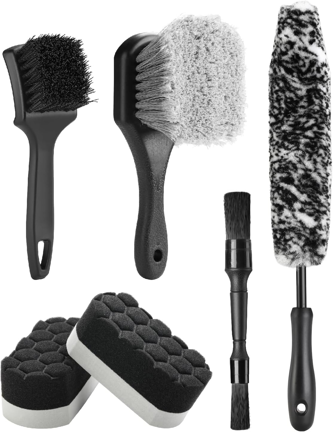 Fantasticlean 7PCS Car Wheel Cleaning Pro Kit, Tire Brush, Soft-bristled Rim Brush, Microfiber Flat Wheel Brush, Double-Ended Detailing Brush, Detailing Pads, Scratch-Free & Multipurpose