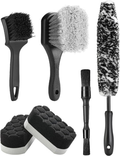 Fantasticlean 7PCS Car Wheel Cleaning Pro Kit, Tire Brush, Soft-bristled Rim Brush, Microfiber Flat Wheel Brush, Double-Ended Detailing Brush, Detailing Pads, Scratch-Free & Multipurpose
