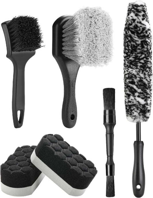 Fantasticlean 7PCS Car Wheel Cleaning Pro Kit, Tire Brush, Soft-bristled Rim Brush, Microfiber Flat Wheel Brush, Double-Ended Detailing Brush, Detailing Pads, Scratch-Free & Multipurpose