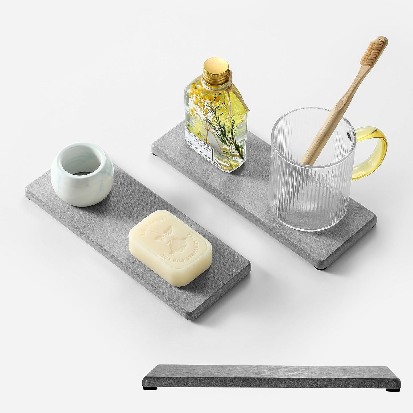 2PCS Water Absorbing Stone Drying Tray for Kitchen Counter & Bathroom Sink, Diatomite Faucet Splash Guard, Soap Dispenser Rack & Sponge Holder Caddy Organizer, Marble White (Printed Pattern), 9"x 3.5"