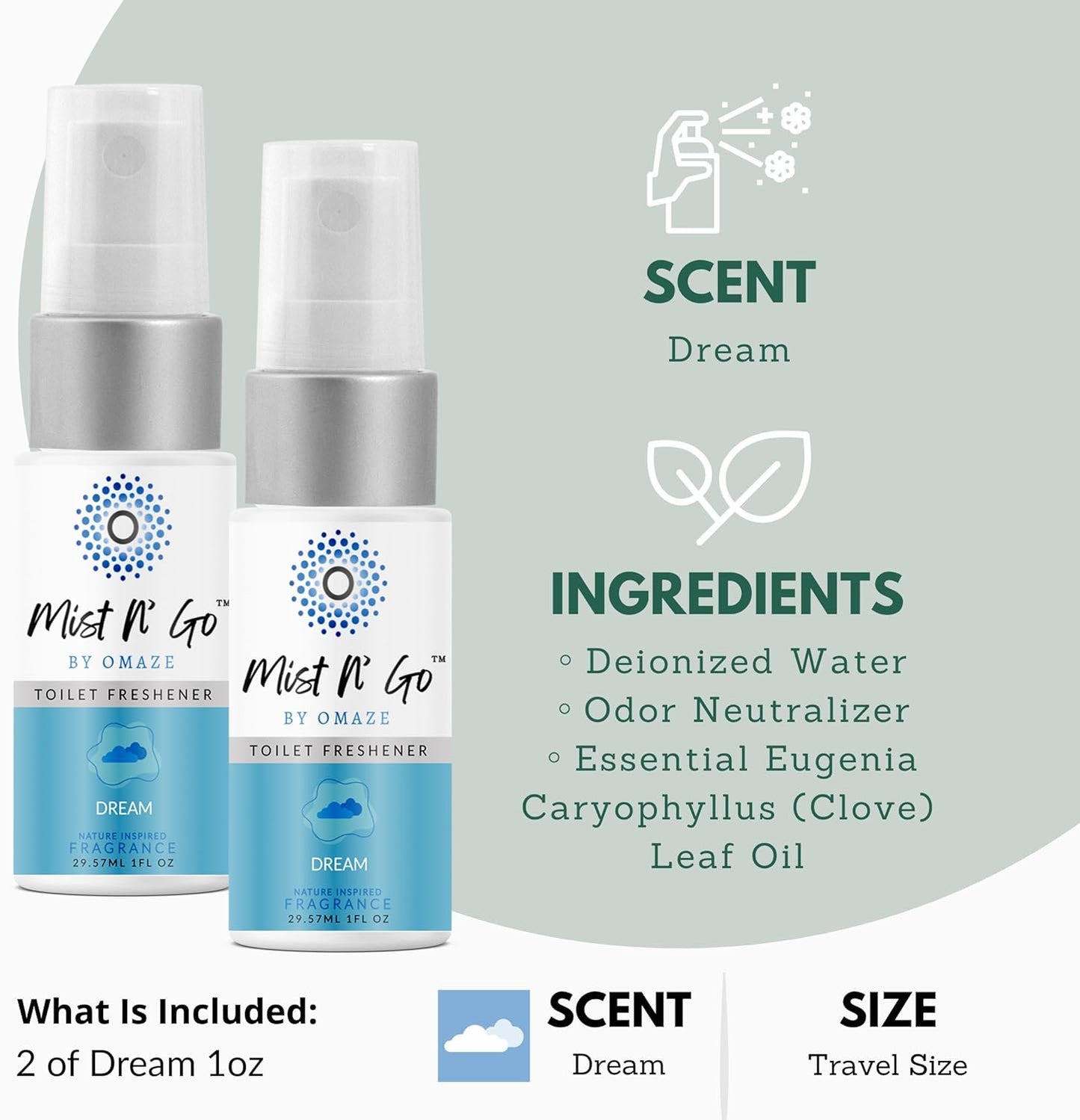 Mist N’ Go by Omaze Travel Bathroom Spray for Toilet Spray Odor Eliminator - Travel Toilet Spray for Bathroom Air Freshener Spray for Bathroom Deodorizer - Clean Mix, Travel Size (1oz x2)