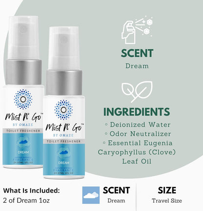 Mist N’ Go by Omaze Travel Bathroom Spray for Toilet Spray Odor Eliminator - Travel Toilet Spray for Bathroom Air Freshener Spray for Bathroom Deodorizer - Clean Mix, Travel Size (1oz x2)