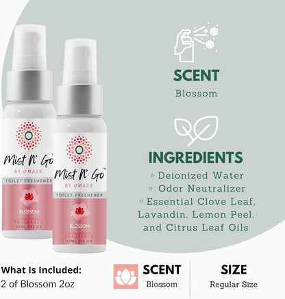 Mist N’ Go by Omaze Travel Bathroom Spray for Toilet Spray Odor Eliminator - Travel Toilet Spray for Bathroom Air Freshener Spray for Bathroom Deodorizer - Clean Mix, Travel Size (1oz x2)