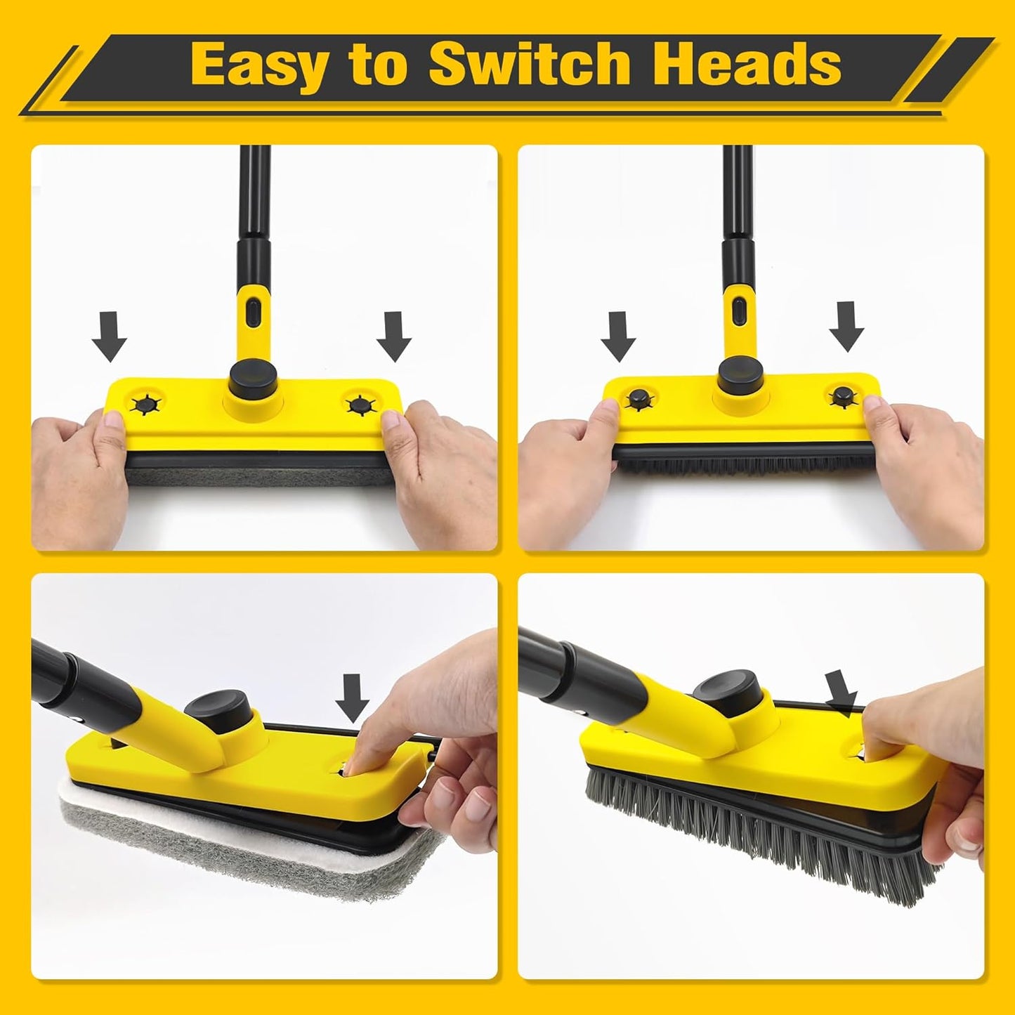 JEHONN Shower Cleaning Brush, 53.5 inches Long Handle Scrubbing Brush, 3-in-1 Bathroom Tub Tile Scrubber Mop with Squeegee for Bathtub Sink Tile Floor Wall Glass Deck (Yellow)