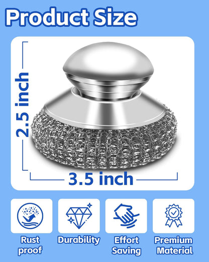 Stainless Steel Scrubber with Handle, Heavy Duty Steel Wool Scrubbers for Pots and Pans, Cast Iron, Steel Wool Scouring Pads for Stove, Oven, Grill, Kitchen, Sink Cleaning
