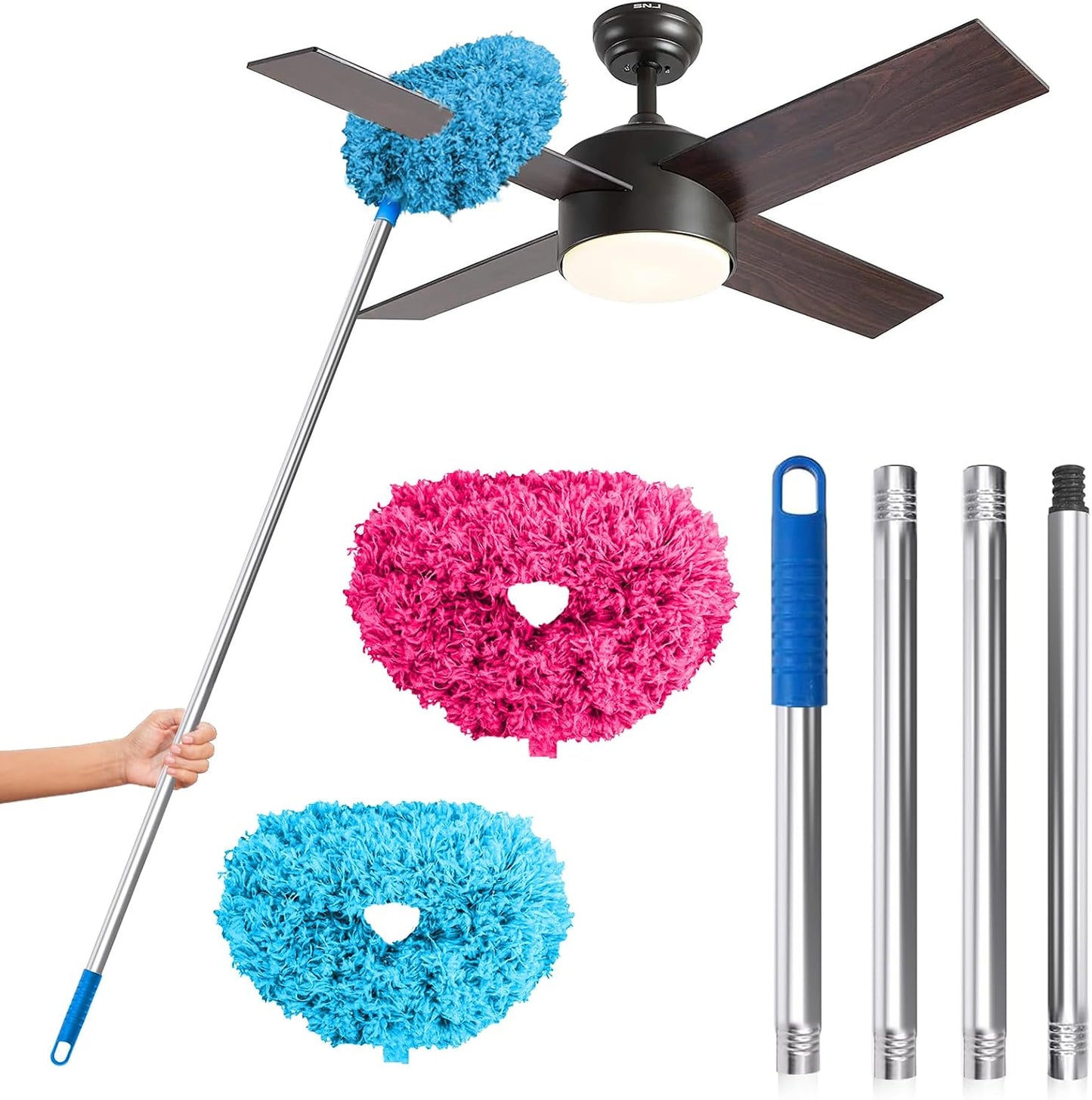 DRQ Ceiling Fan Cleaner Duster, Reusable Microfiber Duster with Extension Pole, 13 to 48 Inch Fan Blade Cleaner, Removable Dusters for Cleaning Walls Bookshelves Door Window Top (Blue)