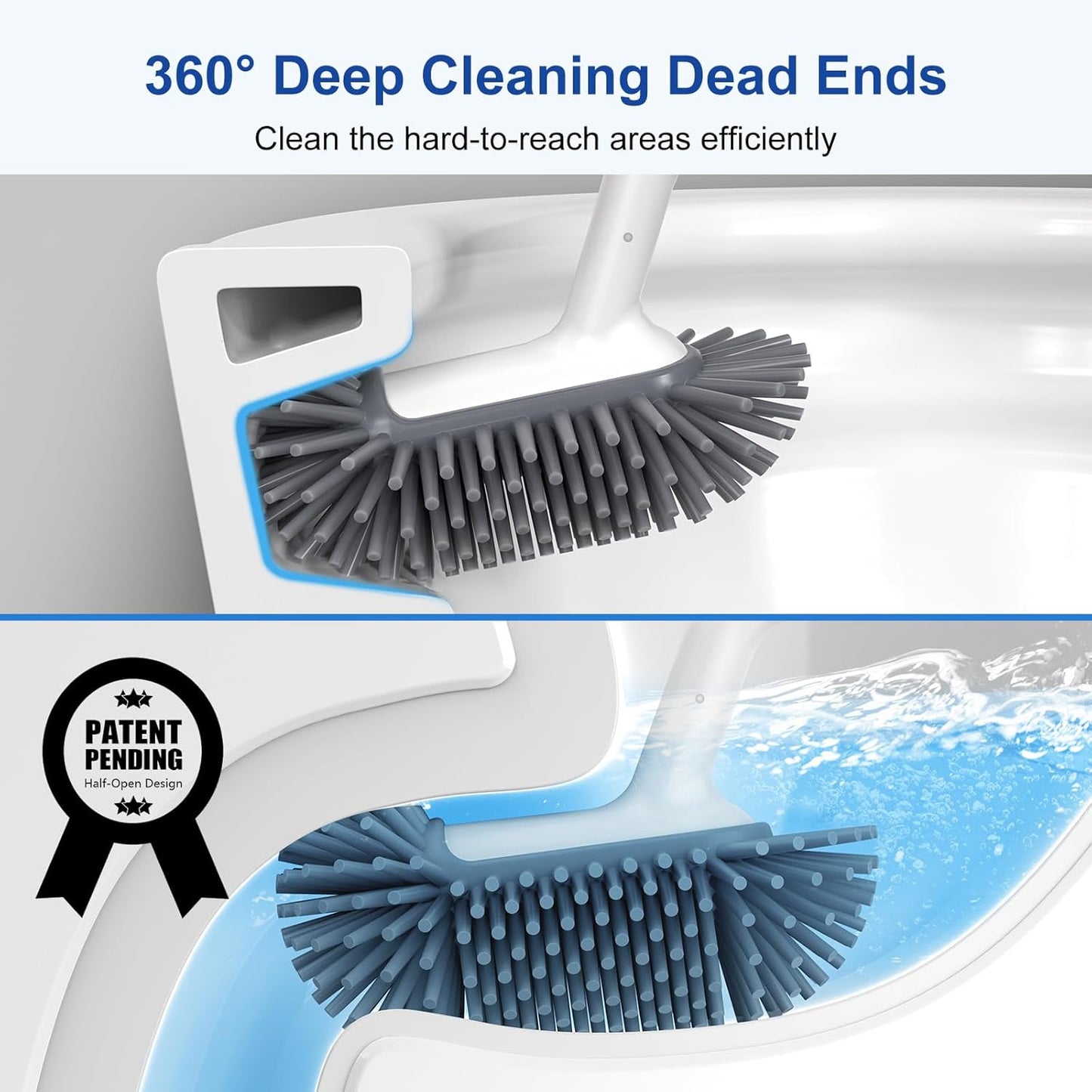 HAMITOR Toilet Bowl Brush Holder Set: Deep Cleaning Silicone Toilet Cleaner Scrubber Under Rim with Curved Bristle for Bathroom Dead Corner Clean - Modern Rv Toilet Decorative Accessories - Gray
