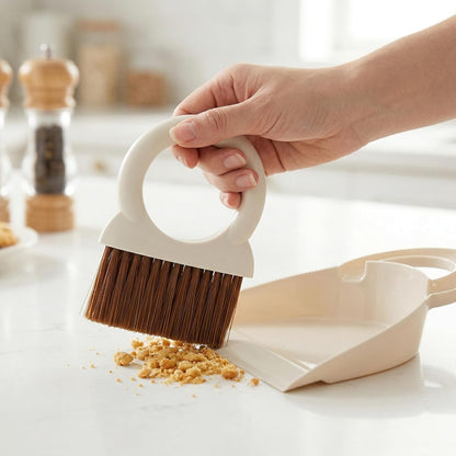 Mini Broom and Dustpan Set with Round Handle, Compact Small Hand Broom with Soft Bristles for Kitchen Counter, Desk, Drawer, Pet Area & Car Interior, Space-Saving Portable Cleaning Tool (Coffee)