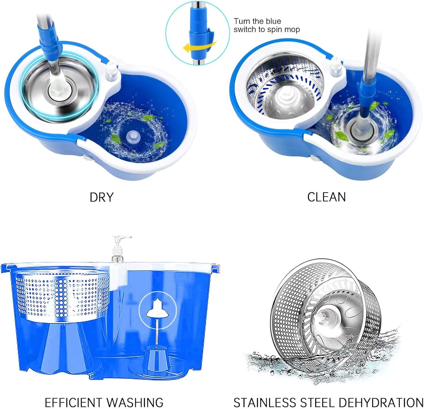 Spin Mop and Bucket with Wringer Set，Mop and Bucket Set for Floor Cleaning with 3 Mop Refills 61 inches Telescoping Rod for Office and Home use