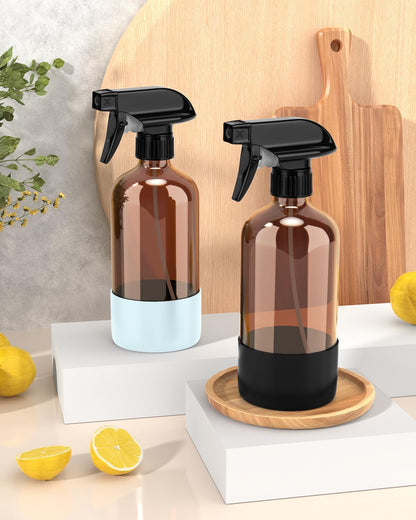 Bontip Glass Spray Bottle with Silicone Sleeve Protection, Amber Glass Spray Bottle Set for Window Cleaner Aromatherapy Facial Hydration Watering Flowers Hair Care 2 Pack/16 oz (Black & Brown)