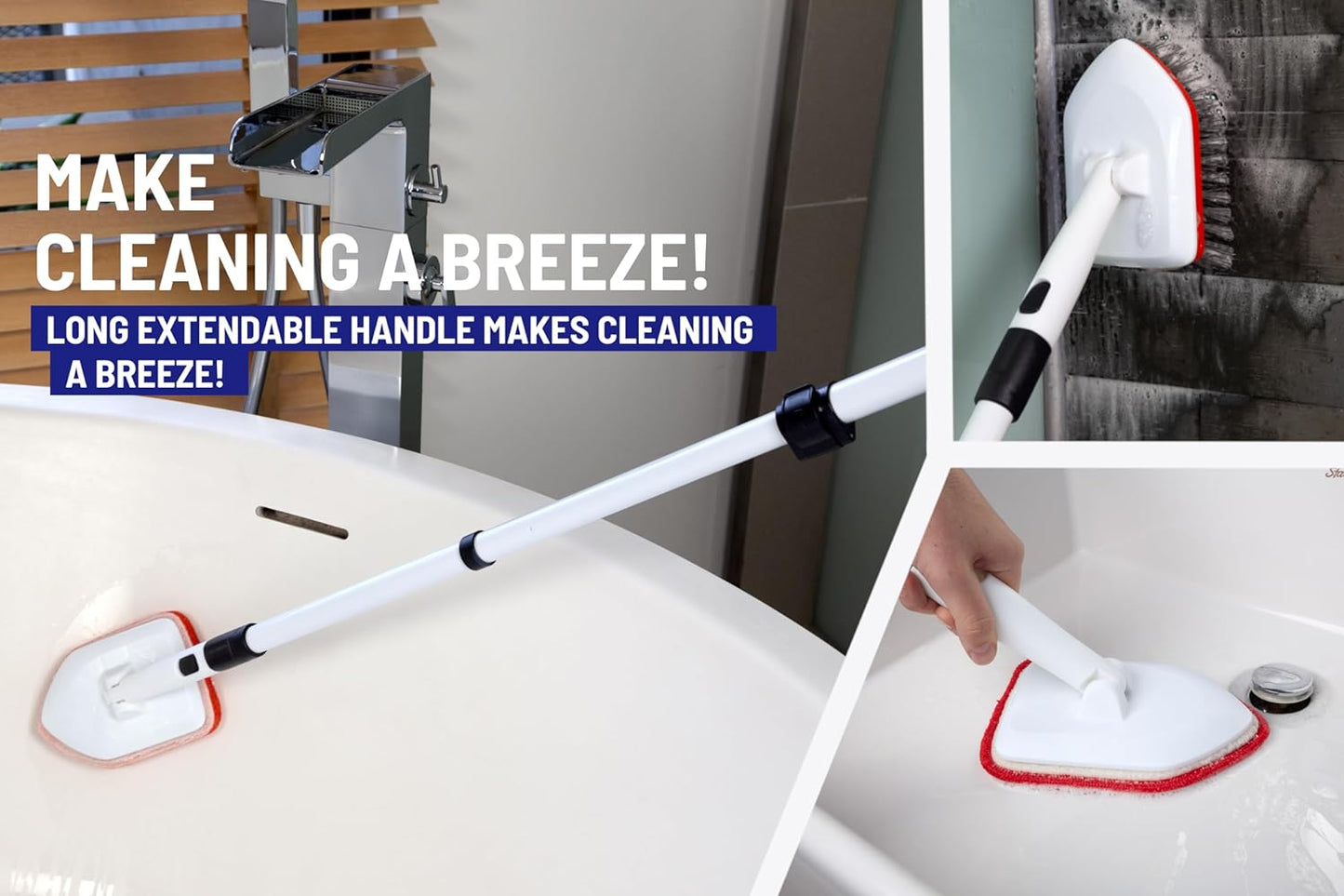 Moku Home Shower Scrubber 3 in 1 Extendable Long Handle 58" Cleaning Brush - Non Scratch Shower Brush for Cleaning Bathroom Kitchen Toilet Wall Tub Tile (Gray)