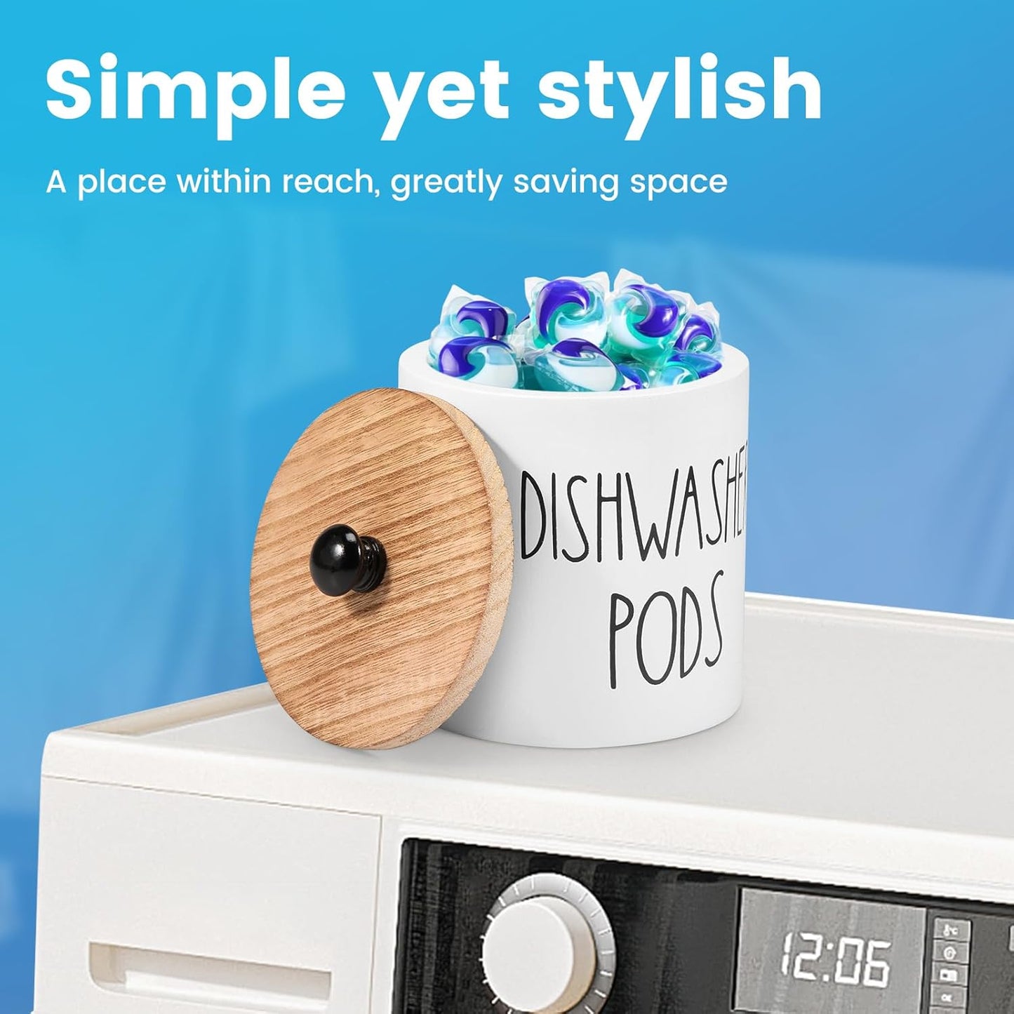 Round Dishwasher Pods Container, Wood Dishwasher Pod Holder with Lid for Kitchen Decor, Laundry Pod Container for Laundry Detergent Storage (Black)