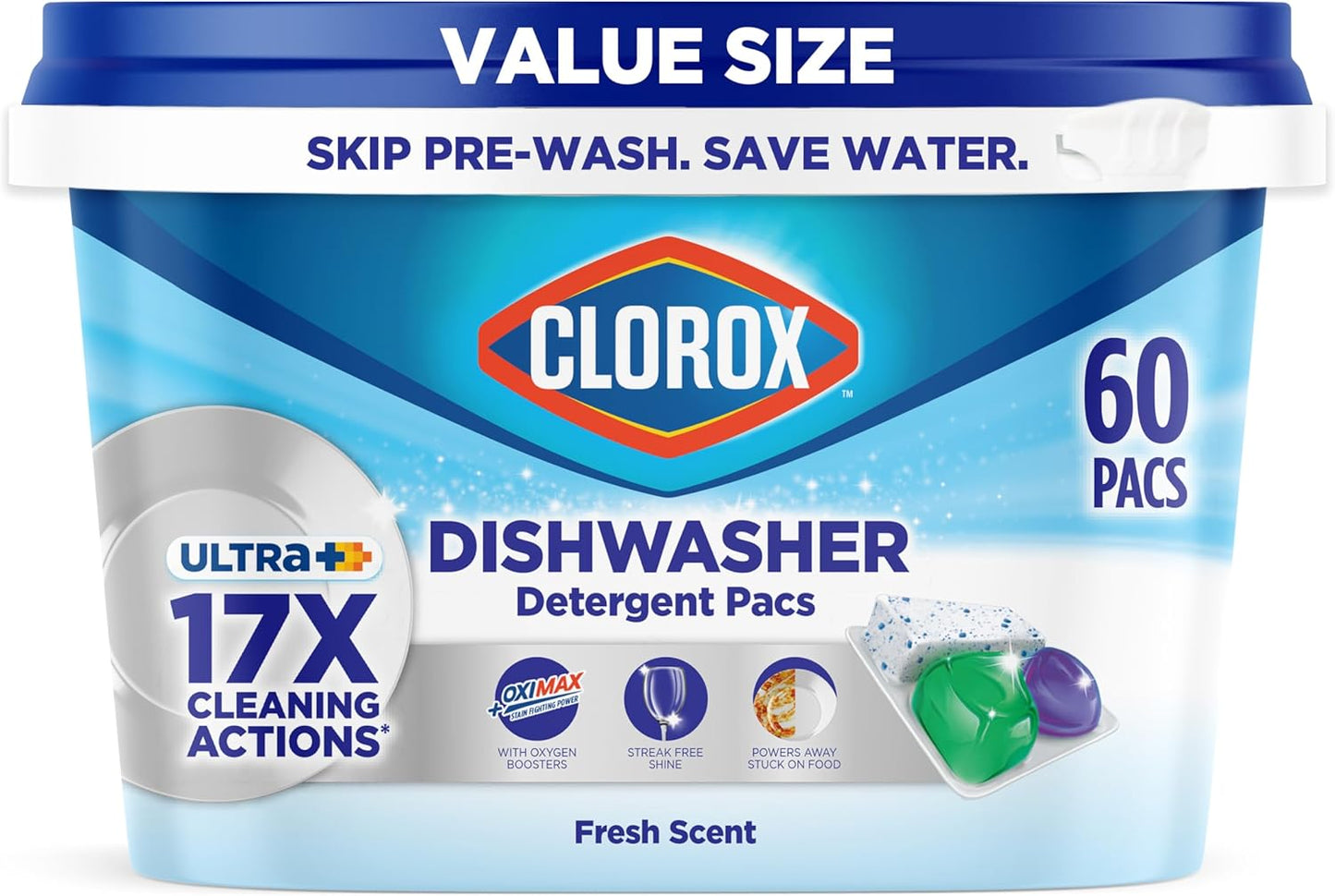Clorox Triple Action Dishwasher Detergent Pacs, 16 Count Dishwashing Pacs, Fresh Scent