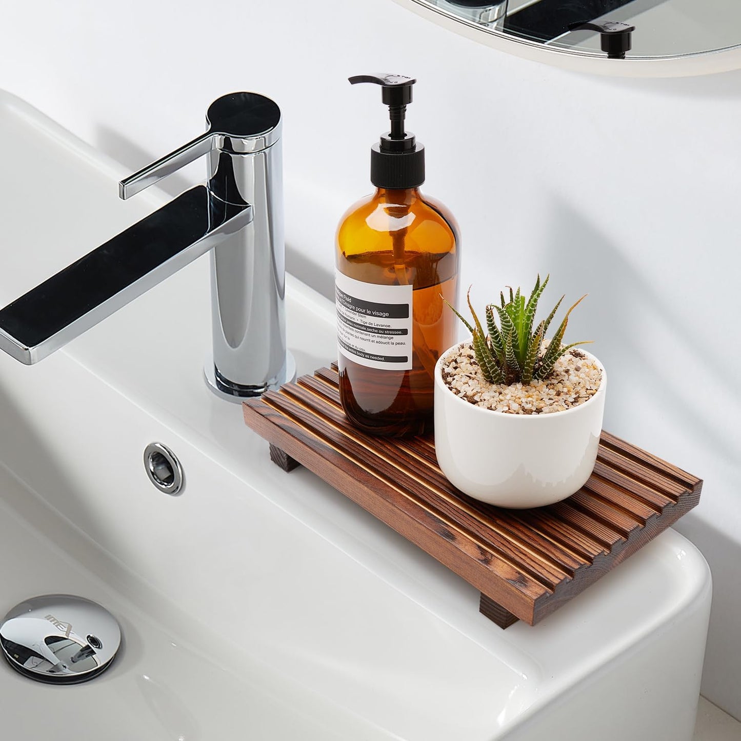 Renawe Small Kitchen Sink Soap Tray for Counter Soap Dish Dispenser Holder Wooden Risers Stand for Bathroom Decor Farmhouse Wood Pedestal Kitchen Accessories Countertop Vanity Counter Decorative Tray