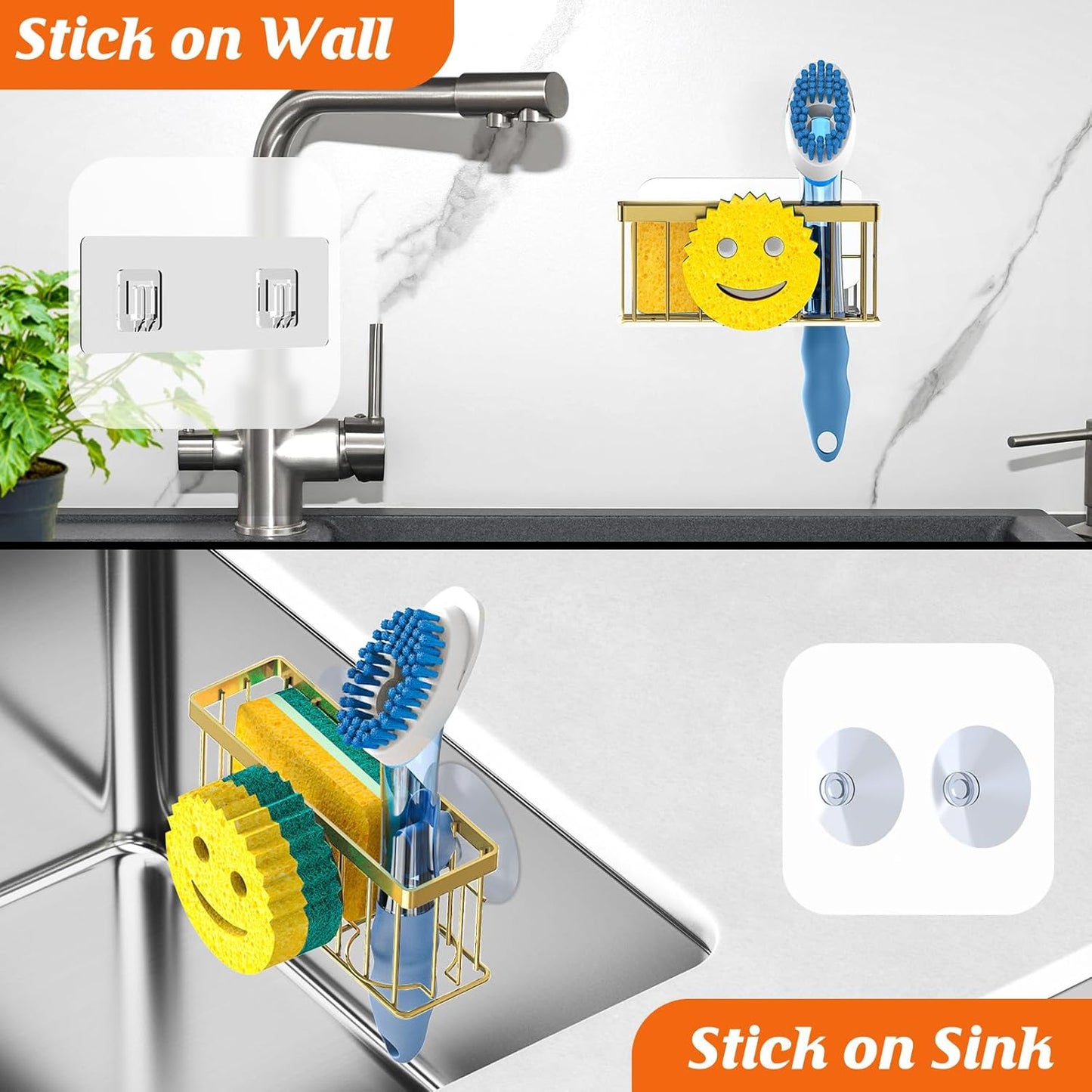 MURLONG Sponge Holder Smiley Face, Sink Caddy for kitchen Sink, Kitchen Organizer Sponge Holder with 2 PCS Suction Cups/1 PCS Adhesive Strips, Designed for Sponge, Soap, Dish brush, Scrubber-Black