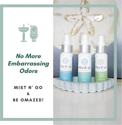 Mist N’ Go by Omaze Travel Bathroom Spray for Toilet Spray Odor Eliminator - Travel Toilet Spray for Bathroom Air Freshener Spray for Bathroom Deodorizer - Clean Mix, Travel Size (1oz x2)